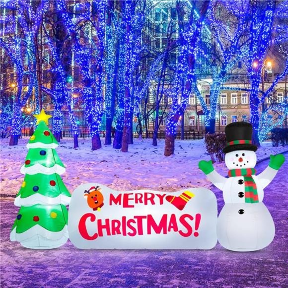 10 FT Christmas Inflatables Christmas Tree Snowman with Merry Christmas Sign - Picture 4 of 6